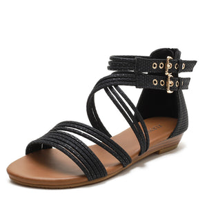 Women bohemian woven strap back zipper flat sandals