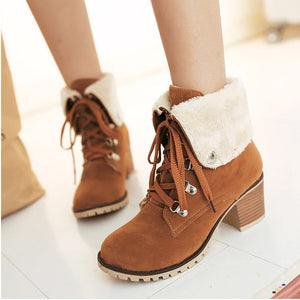 Women chunky heel faux fur short lace up boots