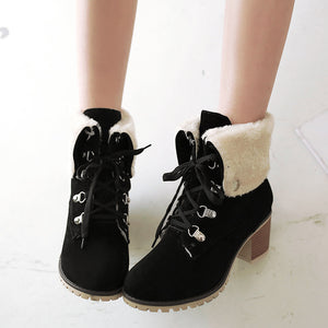 Women chunky heel faux fur short lace up boots