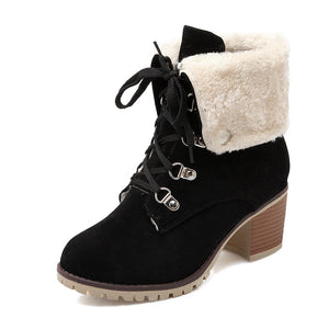 Women chunky heel faux fur short lace up boots