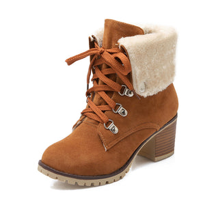 Women chunky heel faux fur short lace up boots