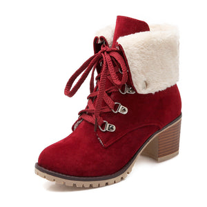 Women chunky heel faux fur short lace up boots