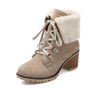 Women chunky heel faux fur short lace up boots