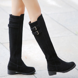 Women chunky heel platform double buckle strap slip on knee high boots