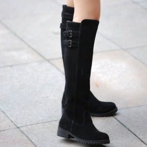 Women chunky heel platform double buckle strap slip on knee high boots