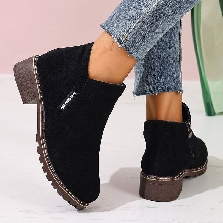 Women chunky low heel side zipper ankle boots