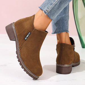 Women chunky low heel side zipper ankle boots
