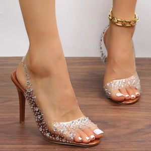Women clear heels peep toe slingback rhinestone heels