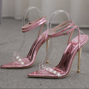 Women clear pointed open toe strap buckle strap stiletto heels