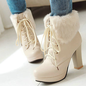 Women cute faux fur chunky heel platform lace up ankle boots
