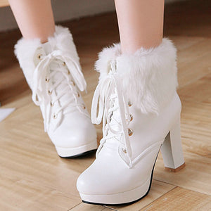 Women cute faux fur chunky heel platform lace up ankle boots