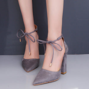 Women elegant pointed toe ankle lace up chunky heels