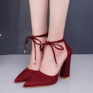 Women elegant pointed toe ankle lace up chunky heels