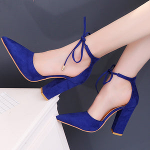 Women elegant pointed toe ankle lace up chunky heels