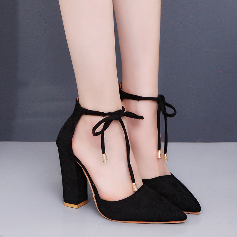 Women elegant pointed toe ankle lace up chunky heels