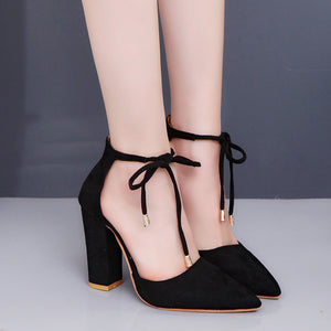Women elegant pointed toe ankle lace up chunky heels