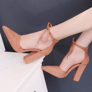 Women elegant pointed toe ankle lace up chunky heels
