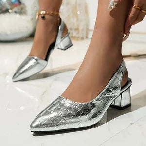Women elegant pointed toe side cut slingback chunky heels