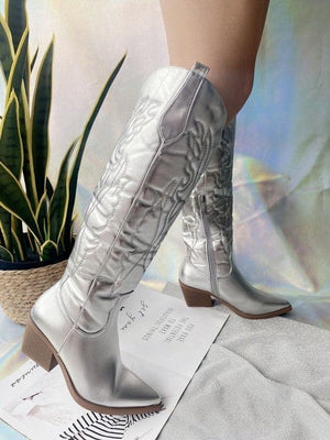 Women embroided cowboy boots | Vintage v cut chunky heel knee high boots | Pointed toe western boots
