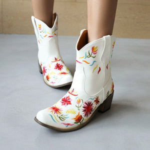 Women fall winter flower embroidered chunky heeled booties