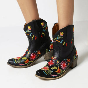 Women fall winter flower embroidered chunky heeled booties