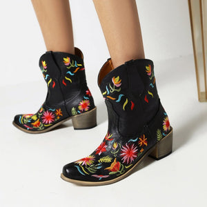 Women fall winter flower embroidered chunky heeled booties