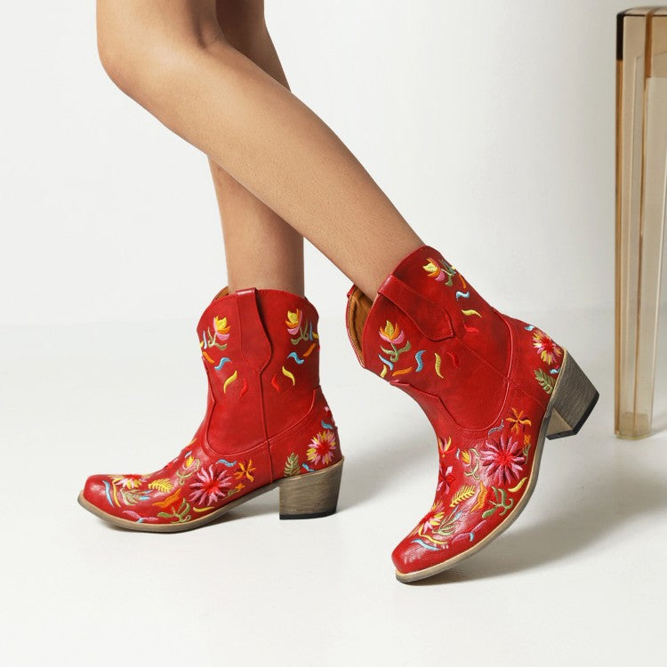 Women fall winter flower embroidered chunky heeled booties
