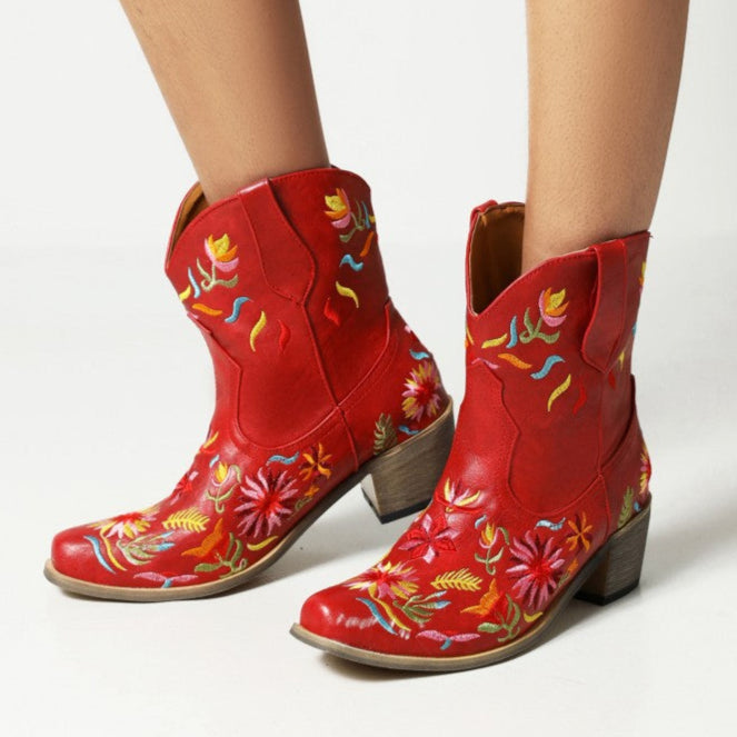 Women fall winter flower embroidered chunky heeled booties
