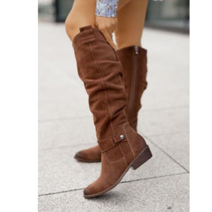 Women faux suede side zipper round toe fashion knee high boots