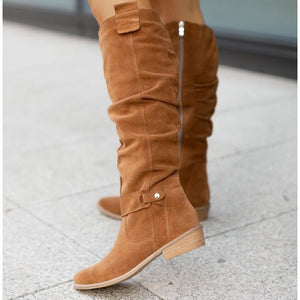 Women faux suede side zipper round toe fashion knee high boots