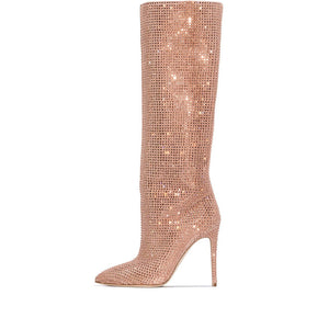 Women knee high pointed toe stiletto fashion rhinestone boots