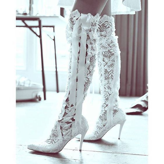 Women lace flower wedding boots | Knee high bowknot pointed toe stiletto high heel white boots