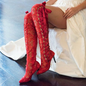 Women lace flower wedding boots | Knee high bowknot pointed toe stiletto high heel white boots