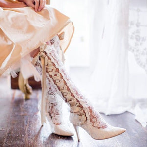 Women lace flower wedding boots | Knee high bowknot pointed toe stiletto high heel white boots