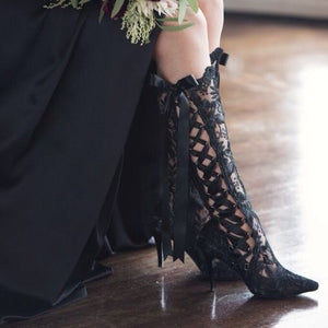 Women lace flower wedding boots | Knee high bowknot pointed toe stiletto high heel white boots