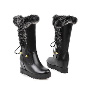Women lace up faux fur chunky platform wedge winter mid calf boots