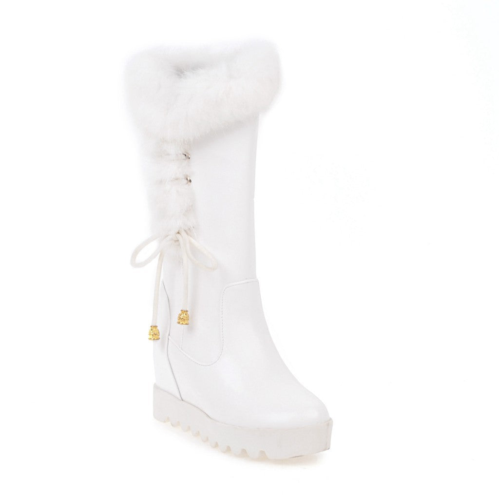 Women lace up faux fur chunky platform wedge winter mid calf boots