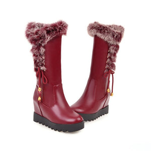 Women lace up faux fur chunky platform wedge winter mid calf boots