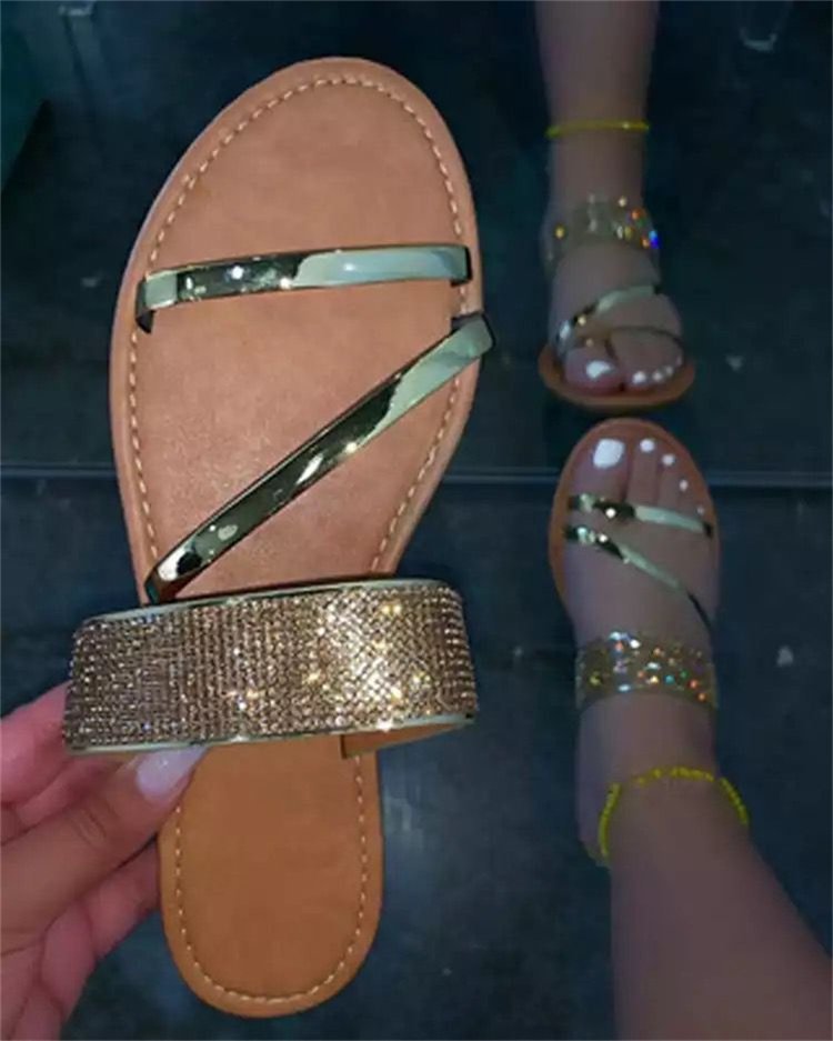 Women metallic shining peep toe flat slides
