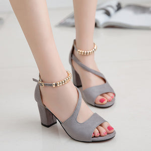 Women peep toe side hollow ankle strap chunky heels