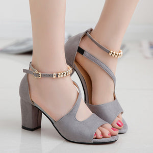 Women peep toe side hollow ankle strap chunky heels