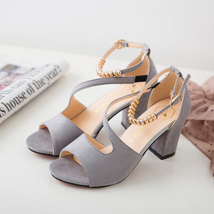Women peep toe side hollow ankle strap chunky heels