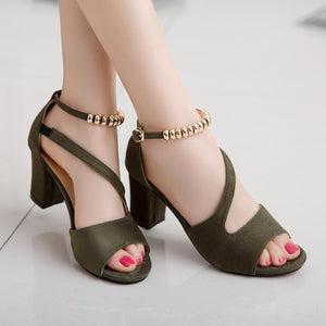 Women peep toe side hollow ankle strap chunky heels