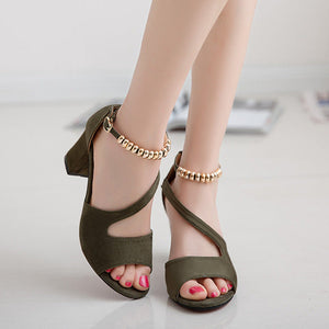 Women peep toe side hollow ankle strap chunky heels