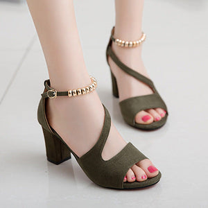 Women peep toe side hollow ankle strap chunky heels