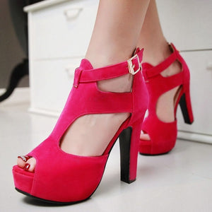 Women platform peep toe hollow ankle strap chunky high heels