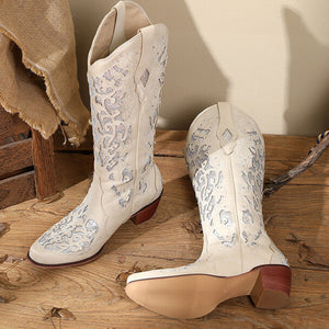 Women rhinestone flower hollow chunky heel knee high boots
