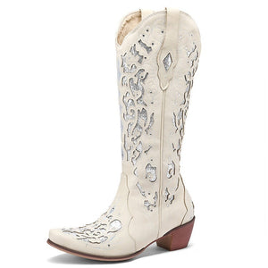Women rhinestone flower hollow chunky heel knee high boots