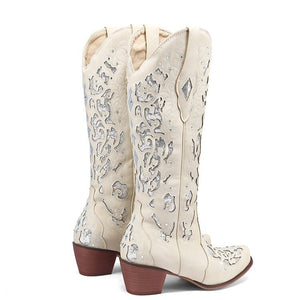 Women rhinestone flower hollow chunky heel knee high boots