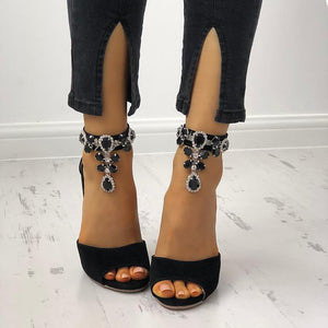 Women black crystal embellished stiletto heels sandals with back zipper
